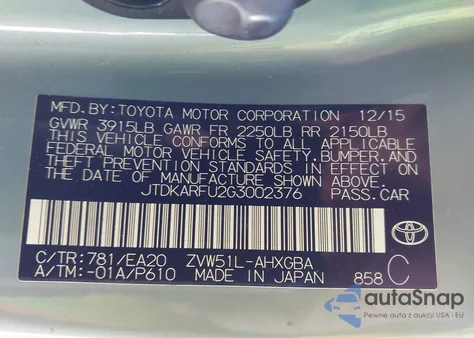 2016 Toyota Prius Four from USA, damaged, VIN JTDKARFU2G3002376